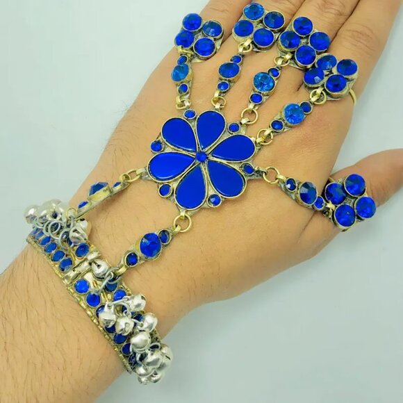 Single Blue Slave Bracelet, Link and Chain  With Rings, Belly Dance Bracelet - Picture 1 of 10